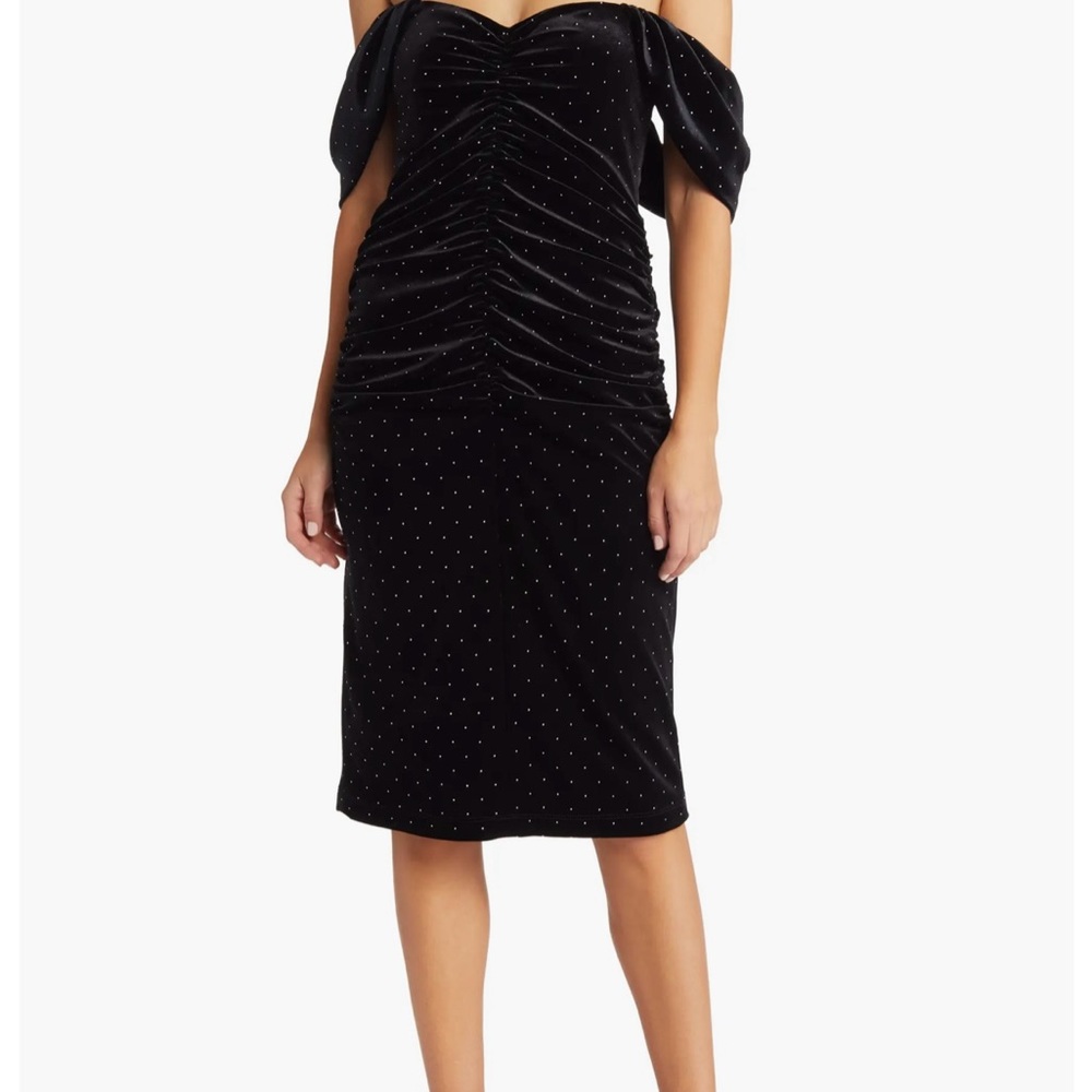 Black halo Off shoulder velvet ruched dress with studs.